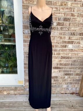 Vintage 90s Art Deco Gothic Dave & Johnny Black Beaded Prom Dress